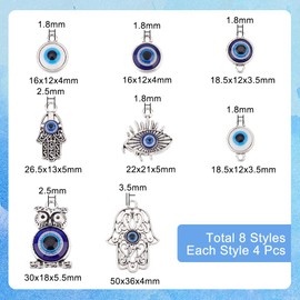 arricraft 32 Pcs Evils Eye Charm, Demon Eye Charm Blue Antique Silver Alloy Bead Pendant Evil Eye Connector Linking for Necklace Bracelet Keychain Jewelry Making Craft Decorations