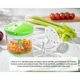 Genius Nicer Dicer Twist Universal Chopper Set 9-Piece Green - Vegetable Cutter Manual with Pulley, Salad Spinner & Sieve - Onion Cutter for Chopping + Puréeing 1000 ml A29187