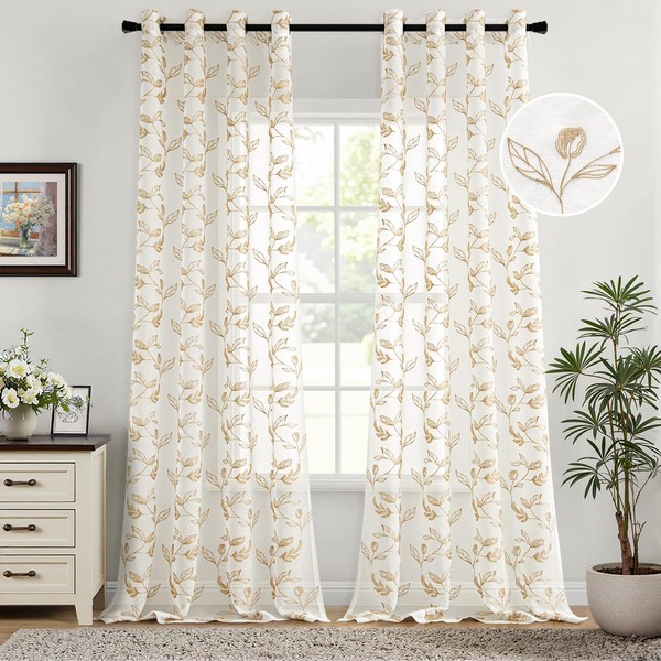 Woaboy Curtains Taupe Leaves Pattern Voile Curtains with Eyelets Living