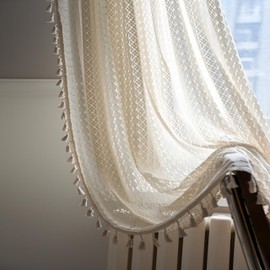 WAZZIO 2 Panels Farmhouse Crochet Lace Curtains Boho Curtain Drapes Bedroom Living Room Rod Pocket Cute Tassel Decorative Home Decor Cotton Blend Sheer Neutral Curtains Window Treatments 59x63,Beige