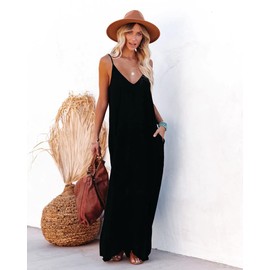 Women's Casual Sleeveless Deep V Neck Pockets Maxi Long Dress (L, Black)