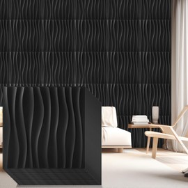 Nuanchu 48 Pcs 3D Wall Panels Wave Design for Interior Wall Decor 12 x 12 Inch PVC Wavy Textured Decor for Gaming Living Room Bedroom TV Background(Black)
