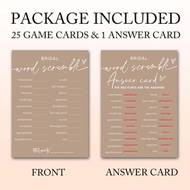 Bridal Shower Games Cards, Bridal Word Scramble, 25 Game Cards with 1 Answer Card, Engagement Party Wedding Games for Guests, Minimalist Brown Wedding Party Supplies - D14