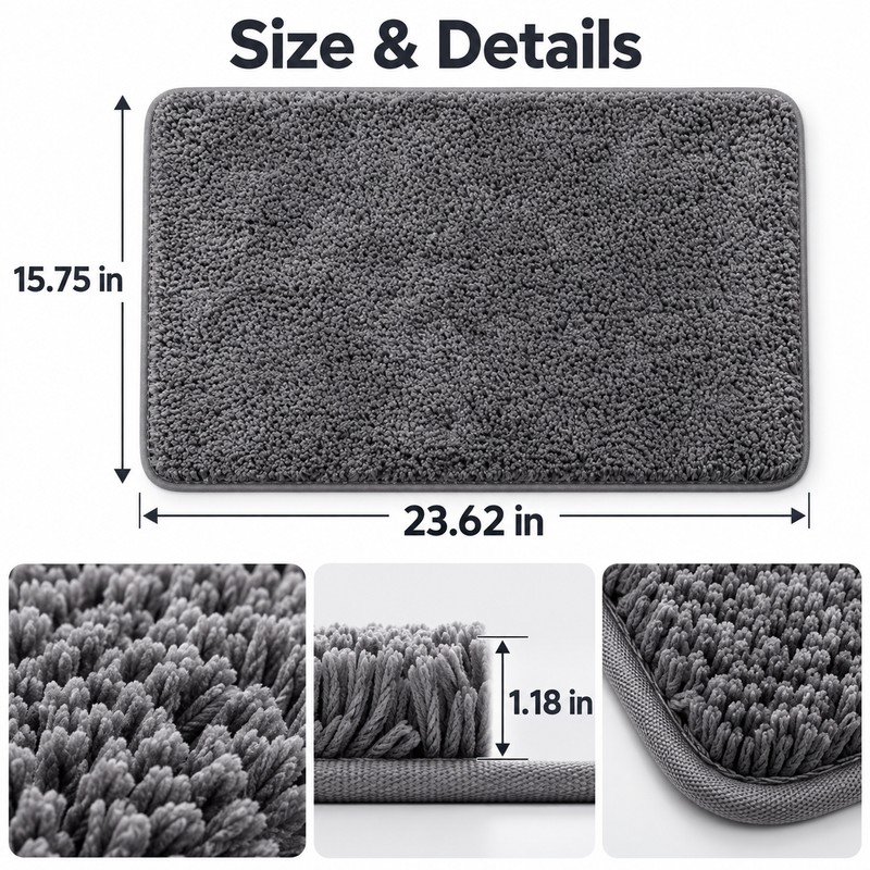 Rounded Thickened Bathroom Floor Mat, Plush Absorbent Bath Rug with