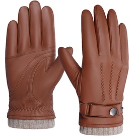 Bison Denim Sheepskin Leather Gloves for Men, Winter Warm Cashmere Lined, Touchscreen, Driving, Motorcycle, Tan, M