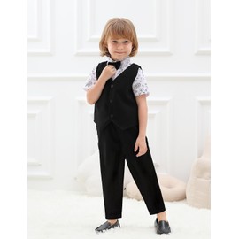 A&J DESIGN Toddler Suit for Boys Easter Wedding Gentleman Photoshoot Formal Ring Bearer Outfit Floral Print Shirt Clothes Set Tuxedo Black Leaf 2-3T