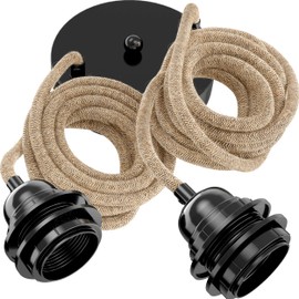 Hoopzi - Pendant Light 2 Flamming - 2.5 m Textile Cable Rope and Black - 2 x E27 Socket - Vintage, Industrial for Dining Table, Living Room, Dining Room, Bedroom, Kitchen