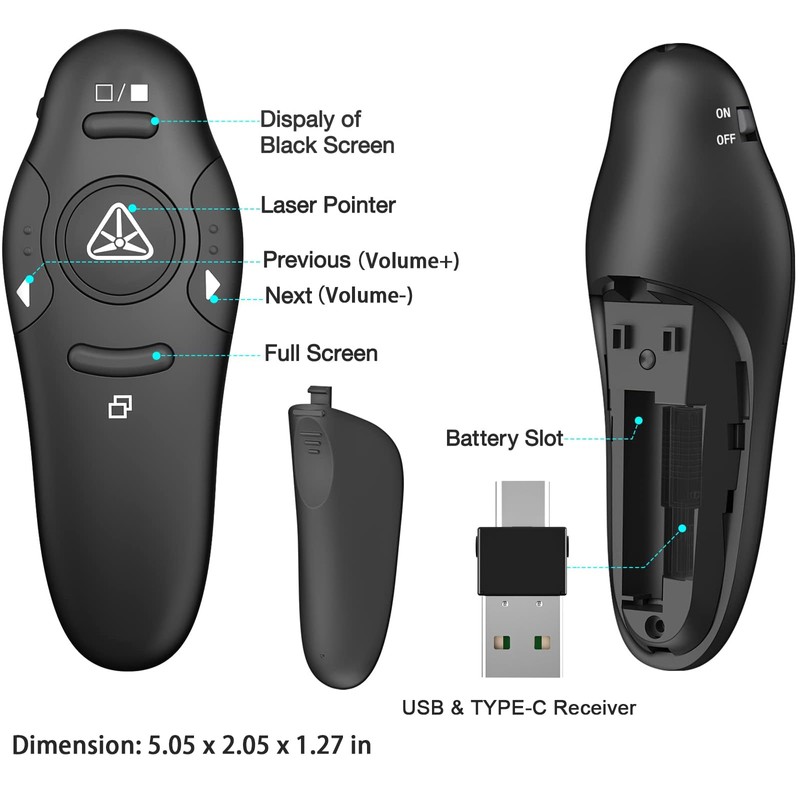 2-in-1 USB Type C Presentation Clicker Wireless Presenter Remote with