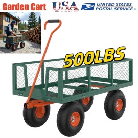 Heavy Duty 500Lbs Garden Cart Utility Wagon 180° Handle 10" Tire Removable Side