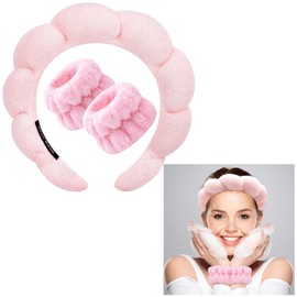 Sponge Spa Headband for Women, EYLEER Cute Makeup Headband and Wristband Set for Face Washing, Skincare, Shower, Makeup Removal Hair Accessories Gift for Girls Ladies Women (Pink)