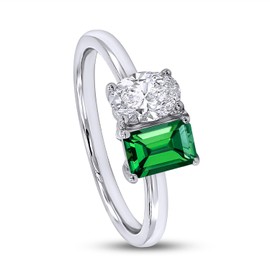 SAVEARTH DIAMONDS Toi Et Moi Engagement Rings for Women, Green Emerald Lab Grown Gemstone & Oval Lab Created Moissanite Diamond 2-Stone Solitaire Promise Ring In 14K White Gold Over Sterling Silver-7