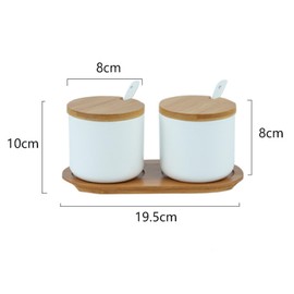 Ceramic Sugar Bowl, 250ml Sugar Pot with Spoon, Wooden Lid and Tray Spice Jar for Salt, Sugar, Coffee, Tea, Seasoning Box for Home Kitchen Coffee Bar, Set of 2 - White