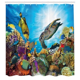 Ambesonne Oceano Cortina de Baño, Temática Ambiental Bajo el Agua, Paño Conjunto de Decoración de Baño de Tela y Ganchos, 70" Alto, Multicolor