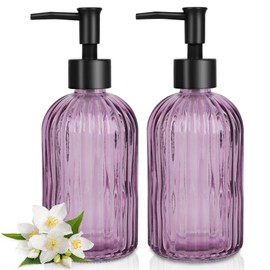 2 Pack Stripe Glass Soap Dispenser with Black Plastic Pump, 400ml Liquid Hand Soap Dispenser, Rustproof Pump for Kitchen & Bathroom, Great for Lotions, Essential Oil, Liquid Soaps- (Purple)