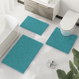 Teal Blue Bathroom Rugs Non-Slip Washable, Bath Mat for Bathroom, Chenille Bathroom Mats, Ultra Absorbent Bath Rugs Sets 3 Pieces, Ultra Soft Bathroom Rug Set, Plush Bathroom Set for Tub, Shower