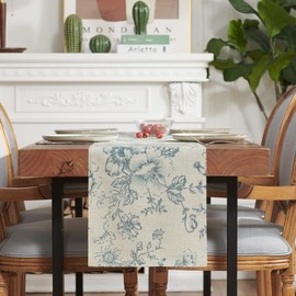 TOPICK Linen Table Runner Floral Print Kitchen Table Runner 72 Inches Long Vintage Botanical Decorative Table Runner Farmhouse Rustic Coffee Table Decor for Dresser Dining Room 1 Panel Blue on Beige