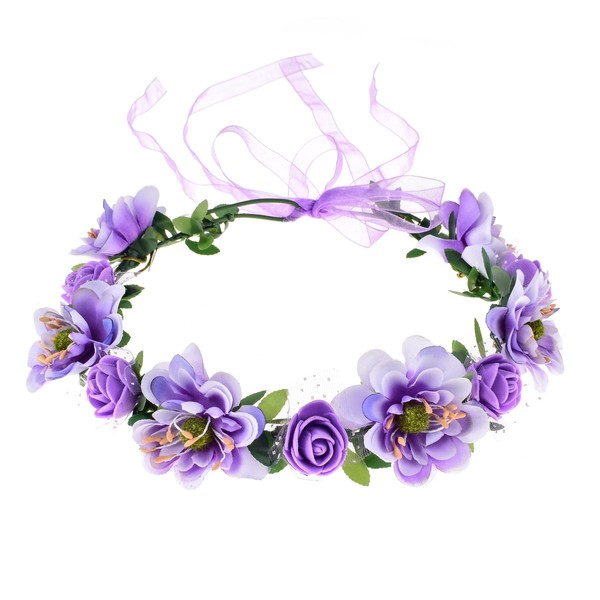 June Bloomy Rose Flower Leave Crown Bridal Halo Headband with Adjustable Ribbon (Lavender)