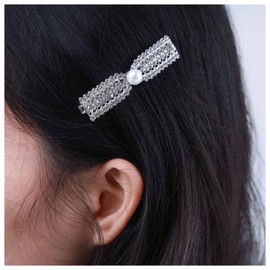 Inilbran Vintage Crystal Pearl Hair Clip Barrette Wedding Rhinestone Hair Barrettes Silver Pearl Crystal Barrette Head Clips Bride Pearl Hairclip Decorative Headwear Crystal Wedding Headpieces
