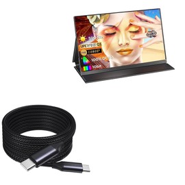 BoxWave Cable Compatible with UPERFECT QLED Portable Monitor N156N01 (15.6 in) - DirectSync PD Cable (10ft) - USB-C to USB-C (100W), Long Type C Braided Nylon Alloy Fast Charge - Jet Black