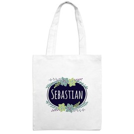 Jute Bag with Name Sebastian - Flowers Motif - White - Fabric Bag, Jute Bag, Hipster Bag, White