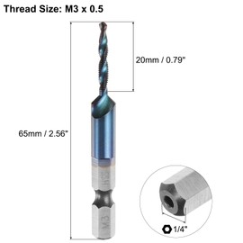 sourcing map Combination Drill and Tap Bit, Metric M3 x 0.5 Thread 1/4" Hex Shank, Blue Nano Coated Threading Screw Taps Spiral Flute Drilling Tapping Tool, High Speed Steel (HSS) 4341
