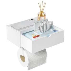 Domax Standard 8.46" Bamboo Toilet Paper Holder with Shelf and Storage Drawer - Wall Mount or Adhesive Bathroom Organizer for Tampons, Cotton Swabs, Wipes or More, White