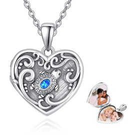 KINGWHYTE Locket Necklace 925 Sterling Silver Heart Tortoise Photo Necklace Blue Opal Turtle Picture Pendant Jewellery Memorial Gifts for Women Girls, Sterling Silver, Opal