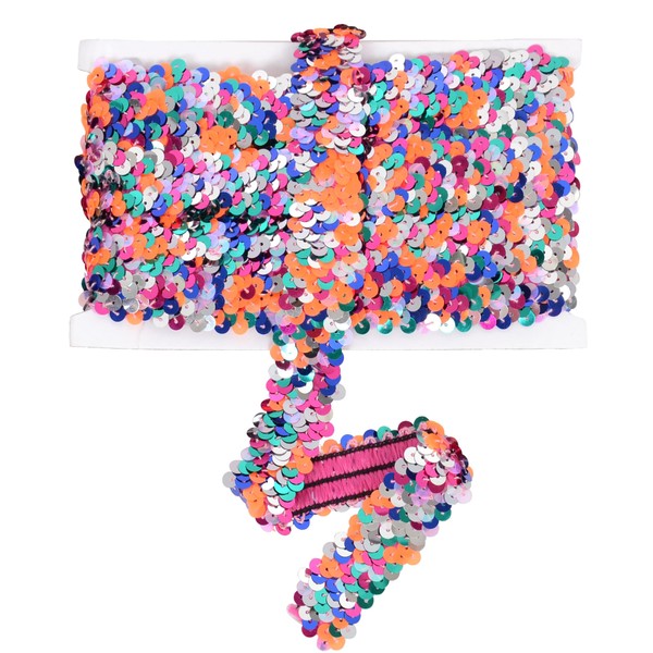 Elastic Sequin Trim, 1.2 Inch 3 Row Multicolored Flat Glitter