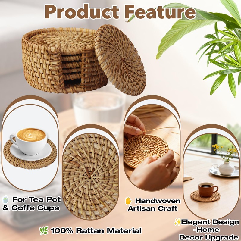 6-Pack Handmade Rattan Coasters with Holder, Modern Farmhouse and Boho