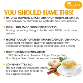 TOG999, 20 Tea Bags of Ginger, Turmeric and Cinnamon, Upgraded Version, 100% Natural, Hand-made Blend of Ginger, Turmeric, Cinnamon, Orange Peel, Black Pepper, Stevia Leaves, Jasmine. No Sugar, Vegan.