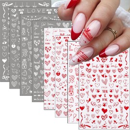 8 Sheets Valentines Day Nail Art Stickers Love Hearts Nail Decals 3D Self Adhesive Heart Nail Art Supplies Laser Red White Heart Glitter Designs for Women Valentine’s Romantic DIY Manicure Decoration