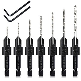 7 Piece Countersink Drill Bit Set Wood Drill Countersink 3 in 1 Three 82 Degree Chamfer Cutters M2 Countersink Bore Cutting Depth Adjustable with 2 Allen Keys and 6mm Hex Shank