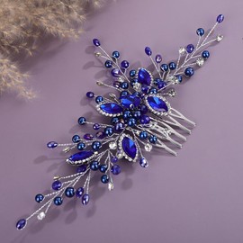 Rumtock Blue Crystal Hair Piece Rhinestones Beads Hair Comb Vintage Sparkle Long Hair Accessories for Women Wedding Brides (Blue)