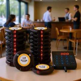 Wireless Restaurant Pager System 20 Beepers Battery Operated Black Plastic Matte Finish For Guest Calling ServiceSub Machine Shape: Round, Quantity: 20