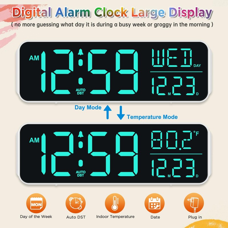 Peakeep Large Display Digital Alarm Clock for Bedrooms, Date Day