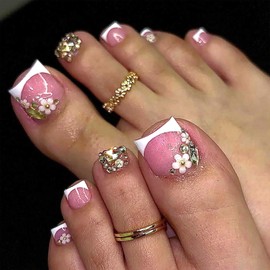 Square Press on Toenails Short White French Tip Toe Nails Press ons with 5D Flower Rhinestones Design Glitter Toenail Stickers Pink Full Cover False Toe Nails Glossy Toenail Glue on for Girls 24Pcs