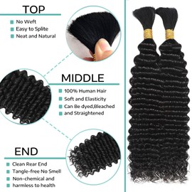 Human Braiding Hair for Boho Braids Deep Water Wave Bulk Human Hair 110g 16 Inch Curly Hair for Boho Braids Extensions No Weft 12A Wet and Wavy Human Hair Braiding Hair 2 Bundles/Pack Natural Color
