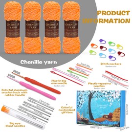 Yizzvb Chenille Yarn 4 * 3.35oz/100g, Chenille Yarn for Crocheting, Velvet Yarn, Blanket Yarn with Big Eye Needles, Stitch Markers, Soft Chenille Yarn for Crocheting Weaving Craft Blankets (Orange)