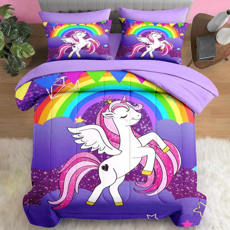Pamnest Full Comforter Set for Girls, 7 Pieces Unicorn Bedding