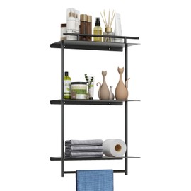 FEILERN Floating Shelves, Wall Mounted Metal Floating Shelves Black with Frame and Towel Rack for Bathroom, Living Room, Bedroom, Kitchen (3 Tier-1)