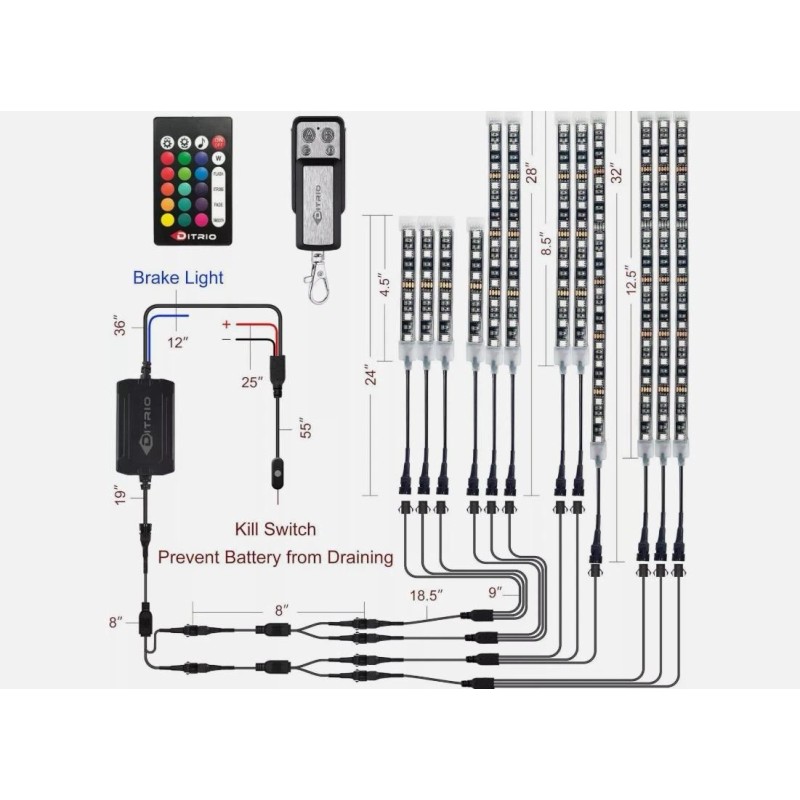 DITRIO 12pcs M12r Underglow RGB LED Strip Light Kit