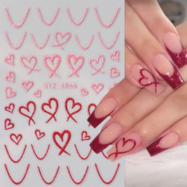 6 Sheets Valentines Nail Art Stickers French Tip Nail Stickers for Nail Art 3D Self-Adhesive Stripe Nail Decals with Glitter Heart Nail Design Stickers for Women Valentine's Day Nail Decoration