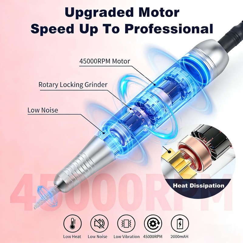 Professional Electric Nail Drill 45000RPM, Portable Rechargeable Electric Nail File