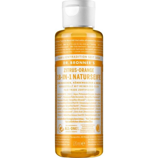 Dr. Bronners 18-in-1 Natural Soap, Citrus Orange, Organic Liquid Soap, Vegan, Organic, Shower Gel, Hand Soap, Shampoo and Much More, with Organic Coconut, Olive and Jojoba Oil, 120 ml