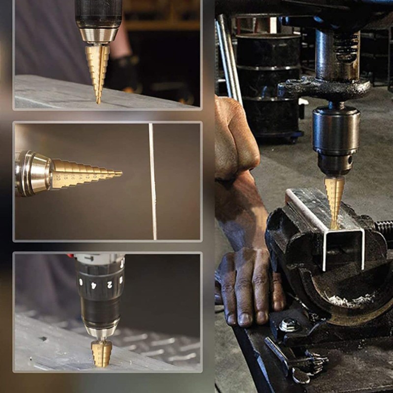 3PCS Step Drill Bit Set, High-Speed Steel Titanium Coated Cone