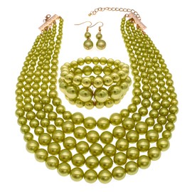 Faux Big Pearl Srand Necklaces for Women 5 Layers Pearl Bib Collar Necklace Bracelet and Earrings set 1920s Costume Pearl Jewelry Bridal Wedding gift (olive green)