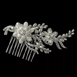 Elegance BC Silver Diamond White Pearl & Rhinestone Floral Vine Prom Bridal Hair Comb