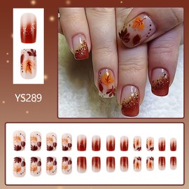 Thanksgiving Press on Nails Square Shaped Acrylic Medium Fall Square False Nails with Maple Leaf Designs Artificial Autumn Maple Leaves Fake Nails Holiday Glue ons Fingernails for Women Girls(YS289)