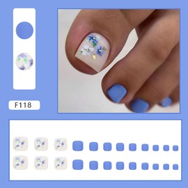 Vezocim Press on Toenails with Orchid Flower Designs, 24Pcs Blue Artificial Short Fake Toenails, Matte Full Cover Acrylic False Nails for Toe, Glue Toenails with Charm for Women Girls