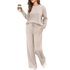 Jescakoo Womens 2 Piece Sweatsuit Outfit 2024 Fall Long Sleeve Pullover Lounge Set Casual Gym Tracksuit S-XXL Light Khaki Size S